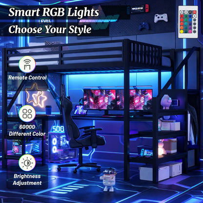 loftbedwithRGBlightsremotecontrol60000colorsadjustablebrightnessgamingbedframe