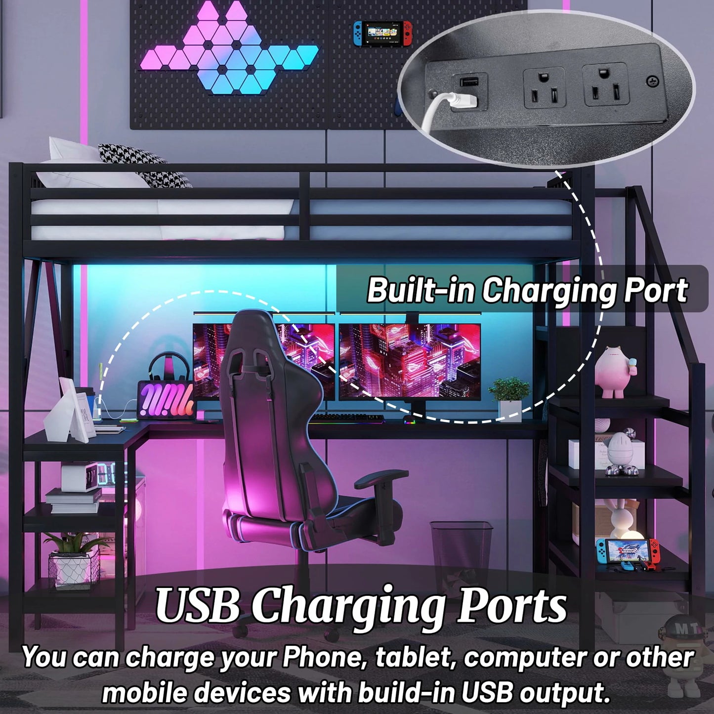 loftbedwithdeskbuiltinUSBchargingportsandpoweroutletsmetalloftbedframe