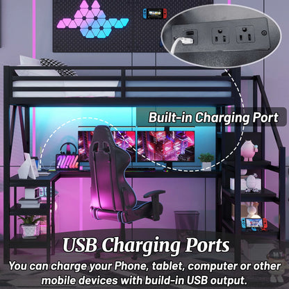 loftbedwithdeskbuiltinUSBchargingportsandpoweroutletsmetalloftbedframe