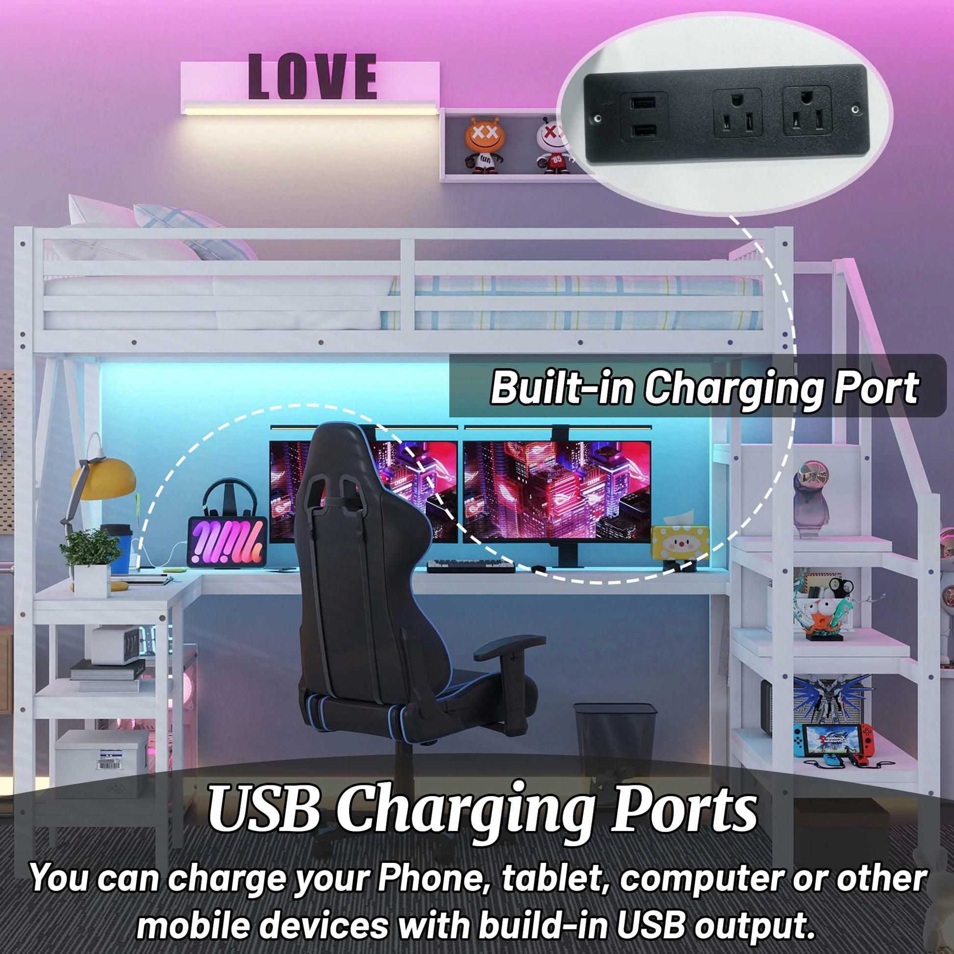 loftbedwithdeskbuiltinUSBportsandpoweroutletswhitemetalloftbedchargingstation