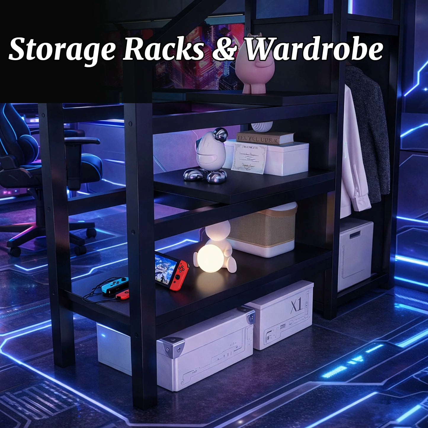 loftbedwithstorageshelvesandwardrobestairsmultifunctionalmetalloftbedwithdesk