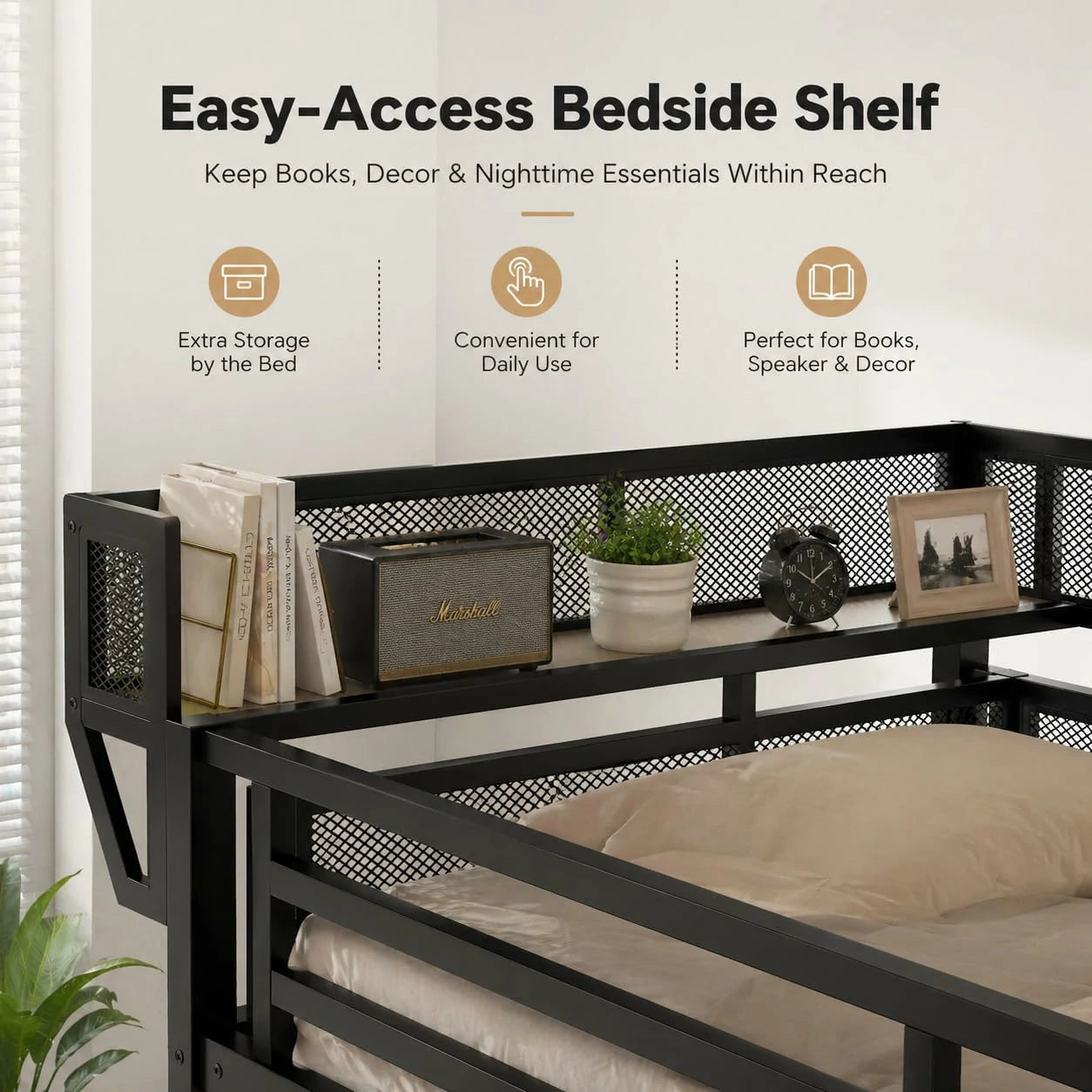 metal-loft-bed-upper-shelf-with-books-speaker-and-decor