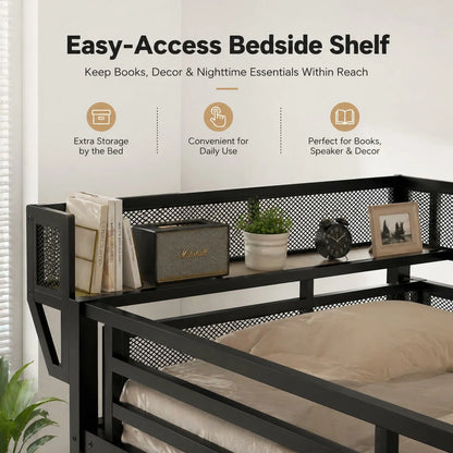 metal-loft-bed-upper-shelf-with-books-speaker-and-decor