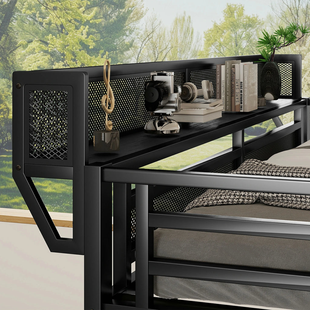 metalloftbedguardrailwithmeshshelfstoragemodernblackloftbeddetail
