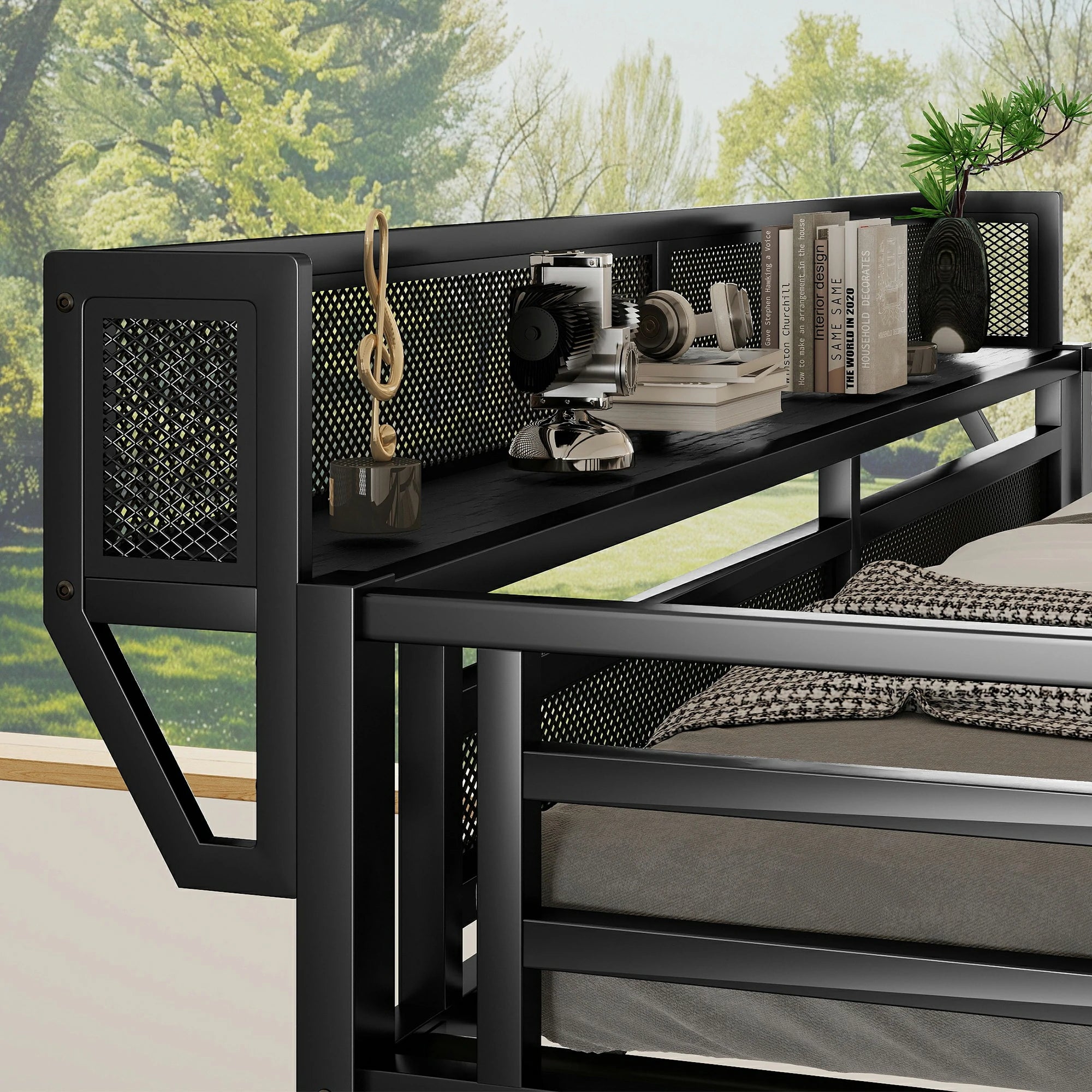 metalloftbedguardrailwithmeshshelfstoragemodernblackloftbeddetail