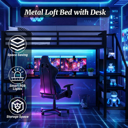 metalloftbedwithdeskspacesavingRGBlightsstorageshelvesmodernfullloftbedframe