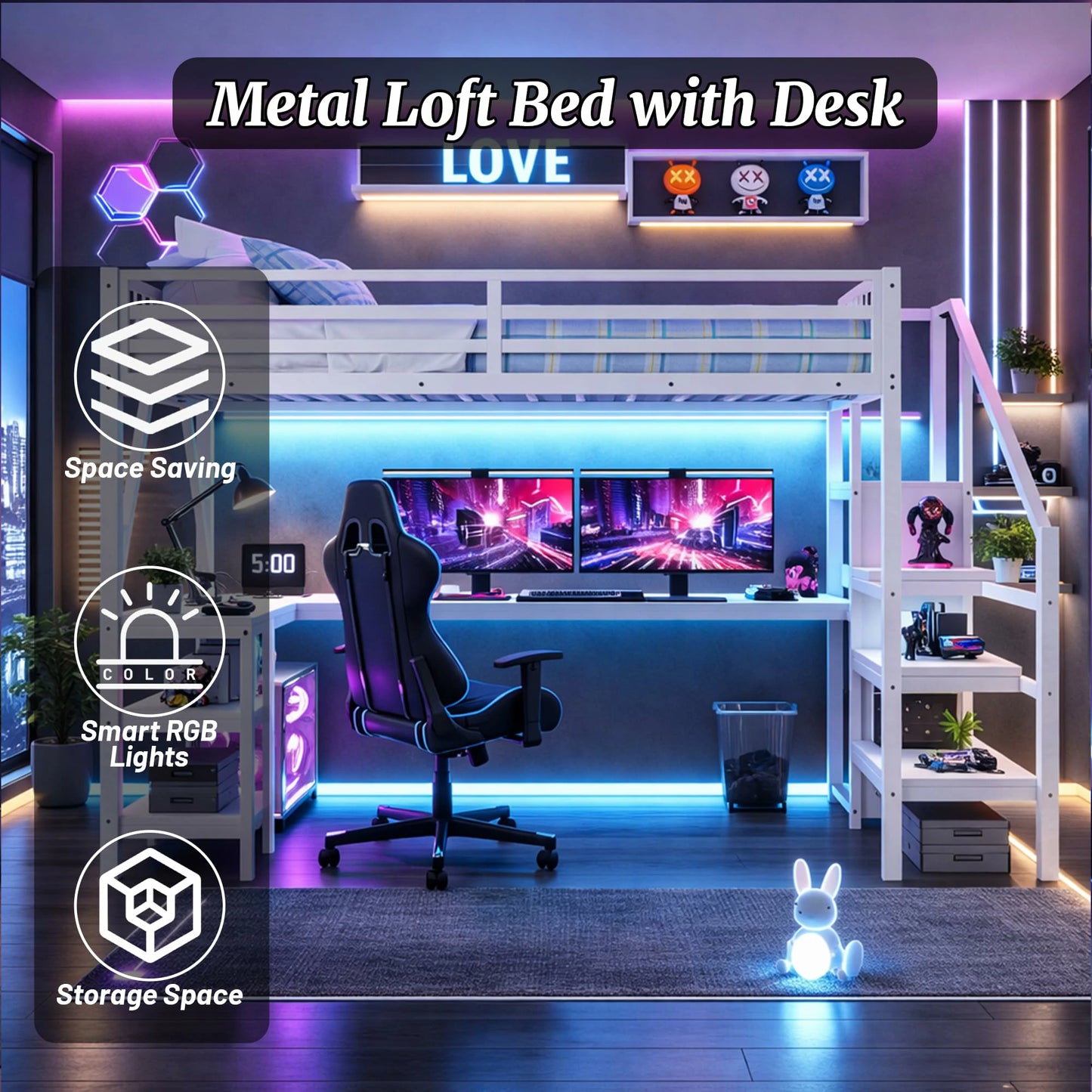 metalloftbedwithdeskwhitespacesavingbedwithRGBlightsandstorageshelves