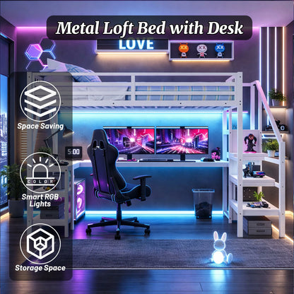 metalloftbedwithdeskwhitespacesavingbedwithRGBlightsandstorageshelves
