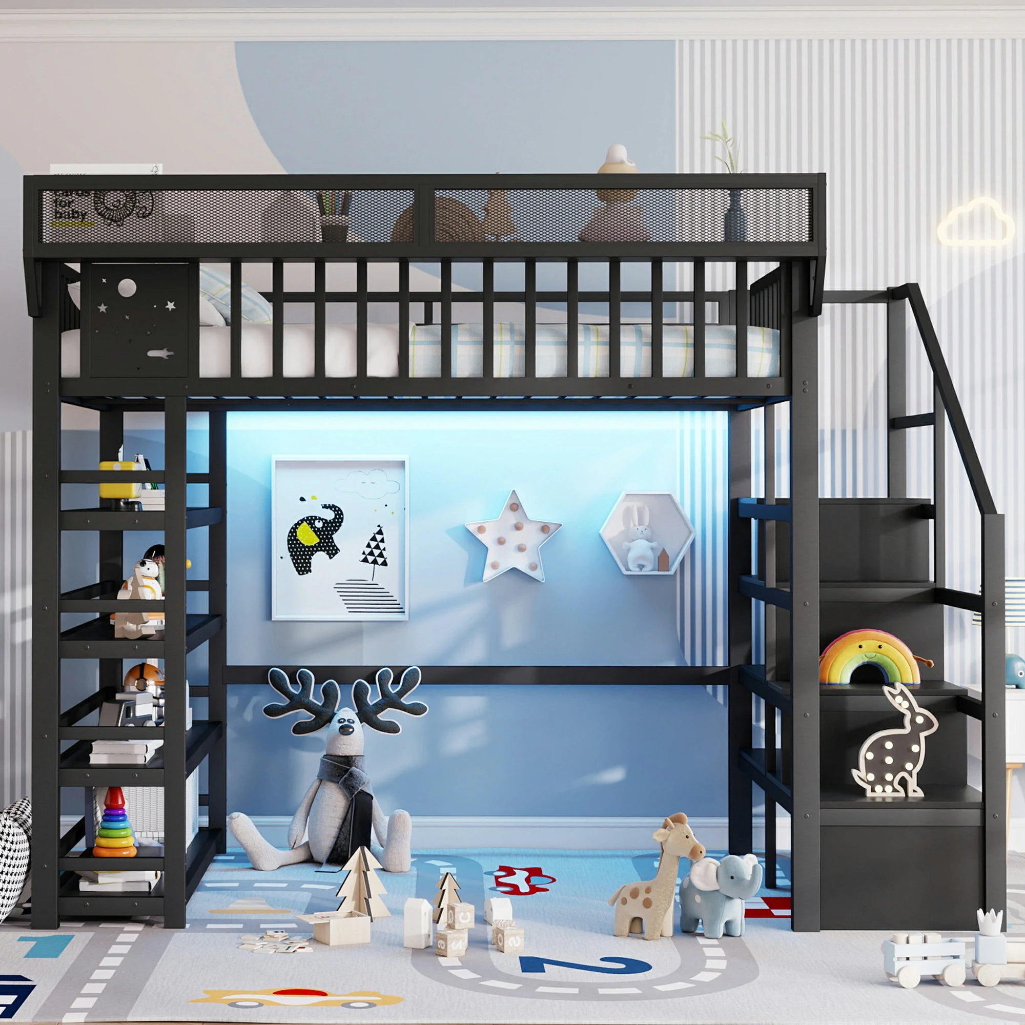 modern-black-metal-loft-bed-kids-room-playful-lighting