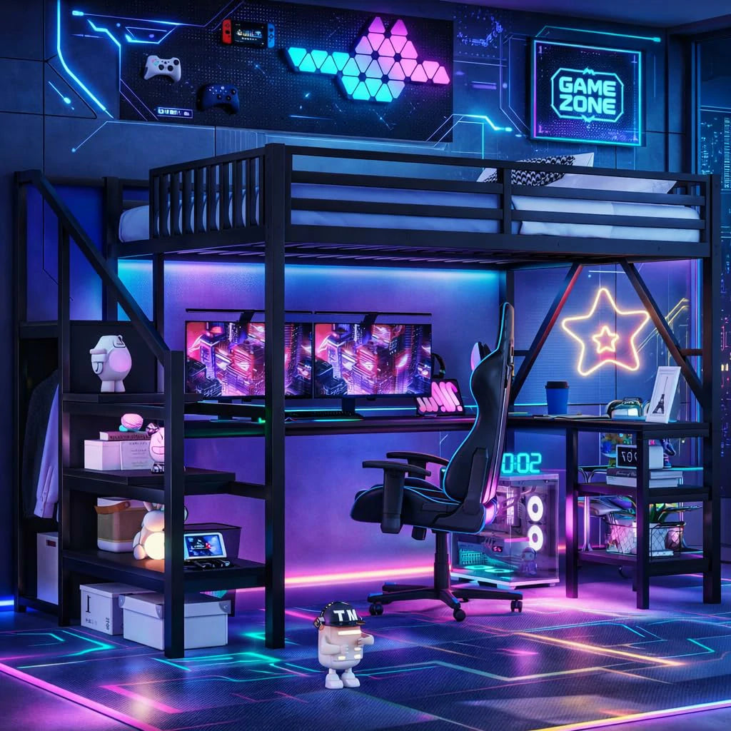 modernfullsizeloftbedwithdeskgamingsetupLEDlightsstorageshelvessmallroomsolution