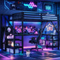 modernfullsizeloftbedwithdeskgamingsetupLEDlightsstorageshelvessmallroomsolution