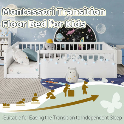 Mirightone ™ Montessori Floor Bed Twin Size with High Rails, Solid Wood Japanese Floor Bed Frame with Lights & Storage Shelf, No Slats Kids Bed for Baby, Girls, Boys