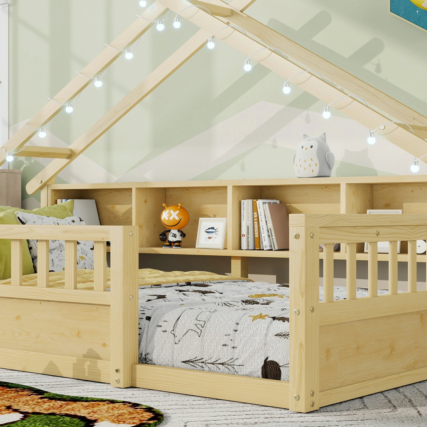 Floor Bed with LED Light and Roof Shape, House Montessori Bed with Storage Bookshelves and Full Length Guardrail,Wooden Floor Beds for Kids
