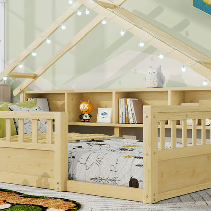 Floor Bed with LED Light and Roof Shape, House Montessori Bed with Storage Bookshelves and Full Length Guardrail,Wooden Floor Beds for Kids