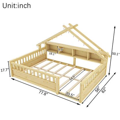 Floor Bed with LED Light and Roof Shape, House Montessori Bed with Storage Bookshelves and Full Length Guardrail,Wooden Floor Beds for Kids