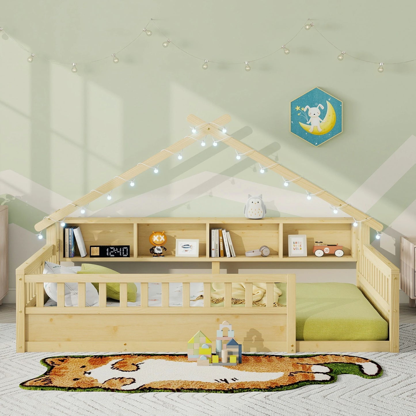 Floor Bed with LED Light and Roof Shape, House Montessori Bed with Storage Bookshelves and Full Length Guardrail,Wooden Floor Beds for Kids