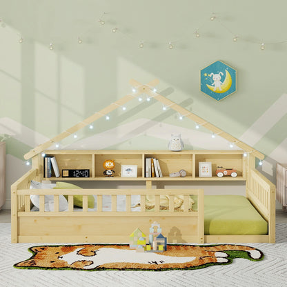 Floor Bed with LED Light and Roof Shape, House Montessori Bed with Storage Bookshelves and Full Length Guardrail,Wooden Floor Beds for Kids