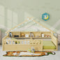 Floor Bed with LED Light and Roof Shape, House Montessori Bed with Storage Bookshelves and Full Length Guardrail,Wooden Floor Beds for Kids