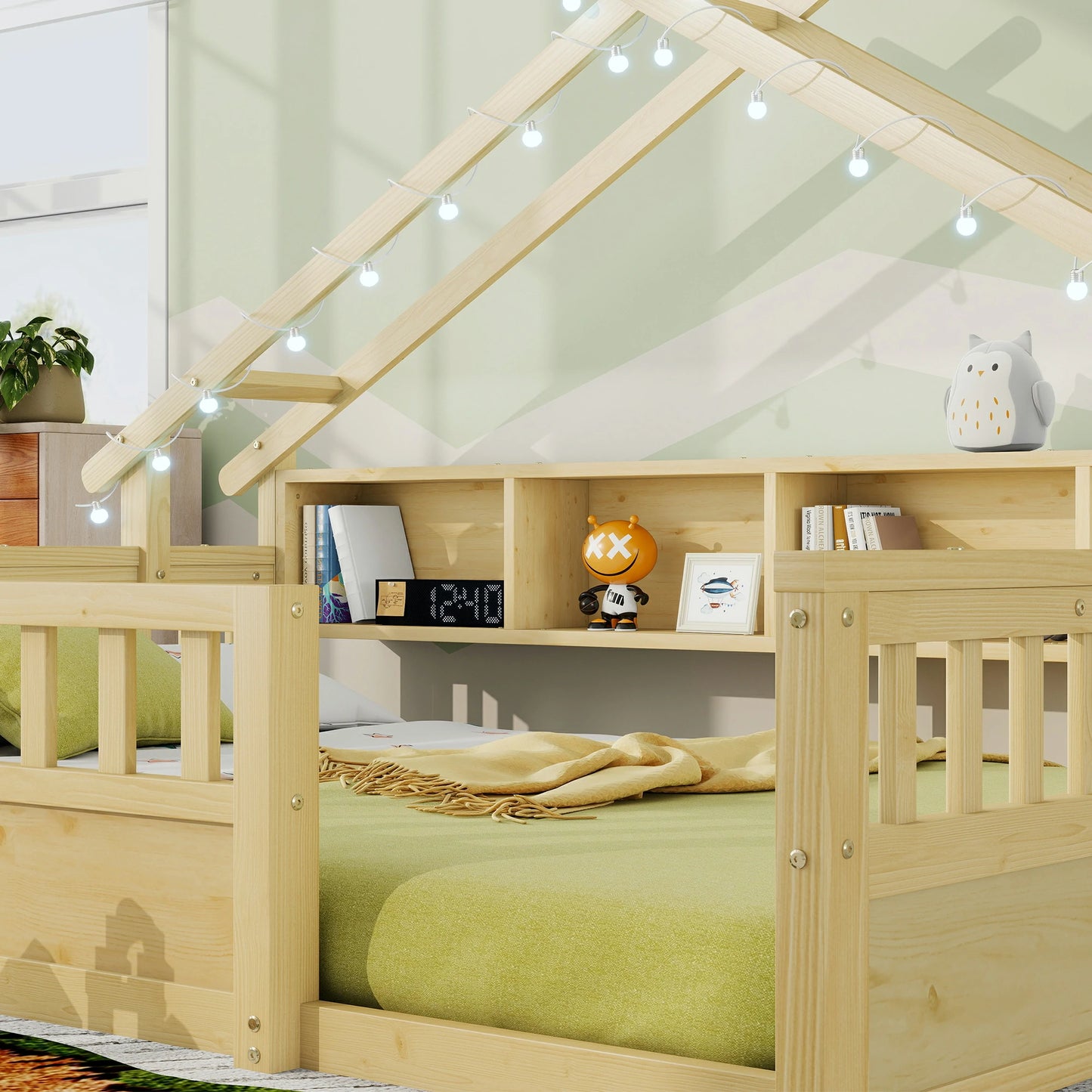 Floor Bed with LED Light and Roof Shape, House Montessori Bed with Storage Bookshelves and Full Length Guardrail,Wooden Floor Beds for Kids