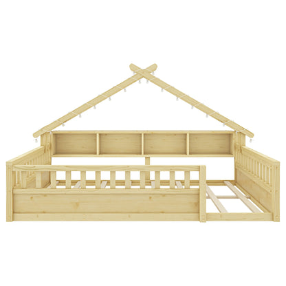 Floor Bed with LED Light and Roof Shape, House Montessori Bed with Storage Bookshelves and Full Length Guardrail,Wooden Floor Beds for Kids
