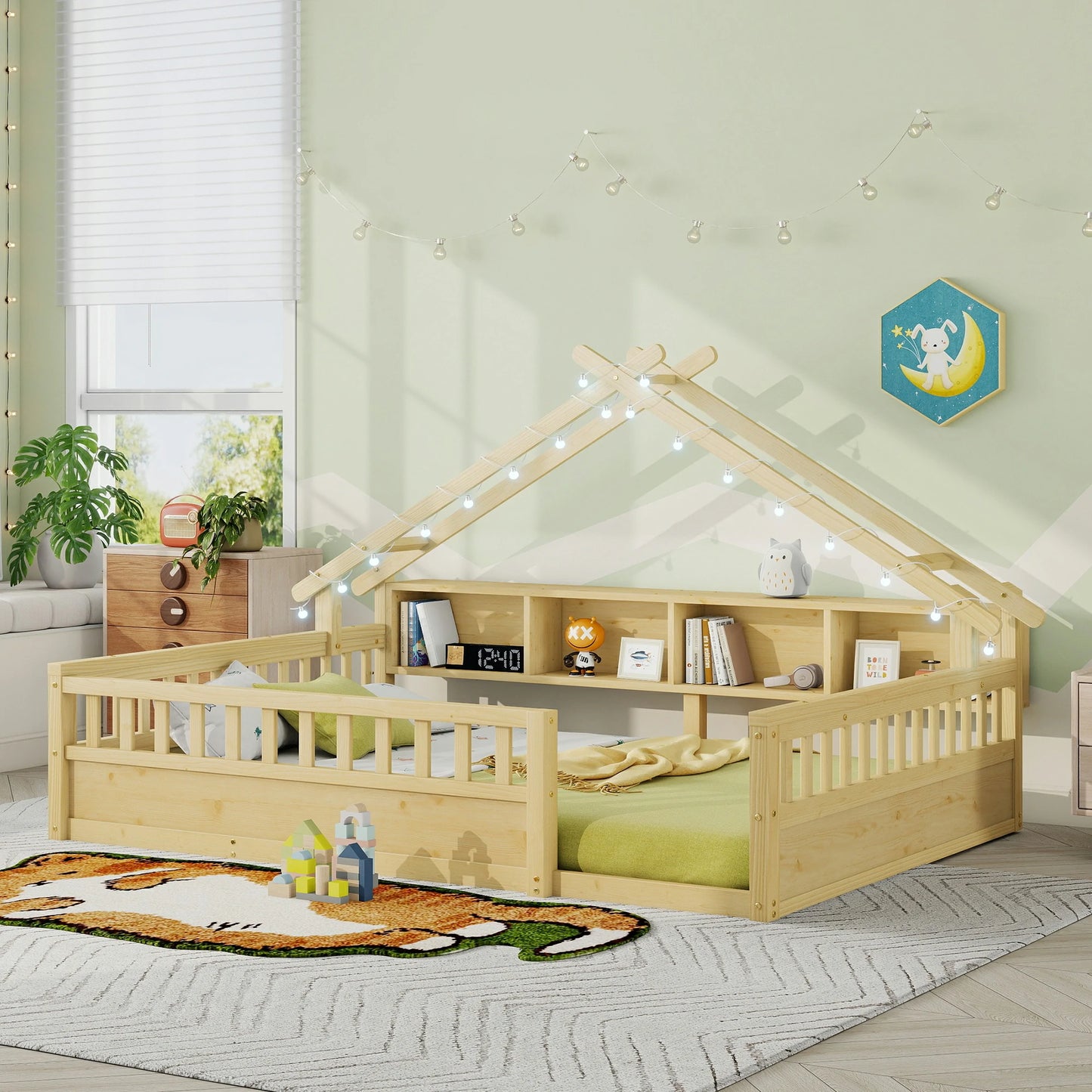 Floor Bed with LED Light and Roof Shape, House Montessori Bed with Storage Bookshelves and Full Length Guardrail,Wooden Floor Beds for Kids