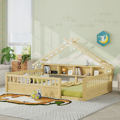 Floor Bed with LED Light and Roof Shape, House Montessori Bed with Storage Bookshelves and Full Length Guardrail,Wooden Floor Beds for Kids