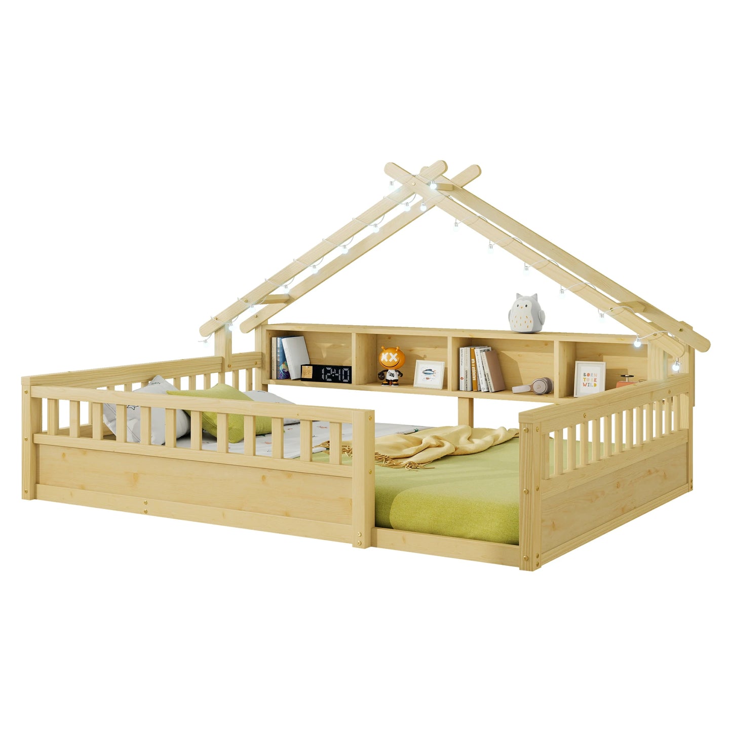 Floor Bed with LED Light and Roof Shape, House Montessori Bed with Storage Bookshelves and Full Length Guardrail,Wooden Floor Beds for Kids