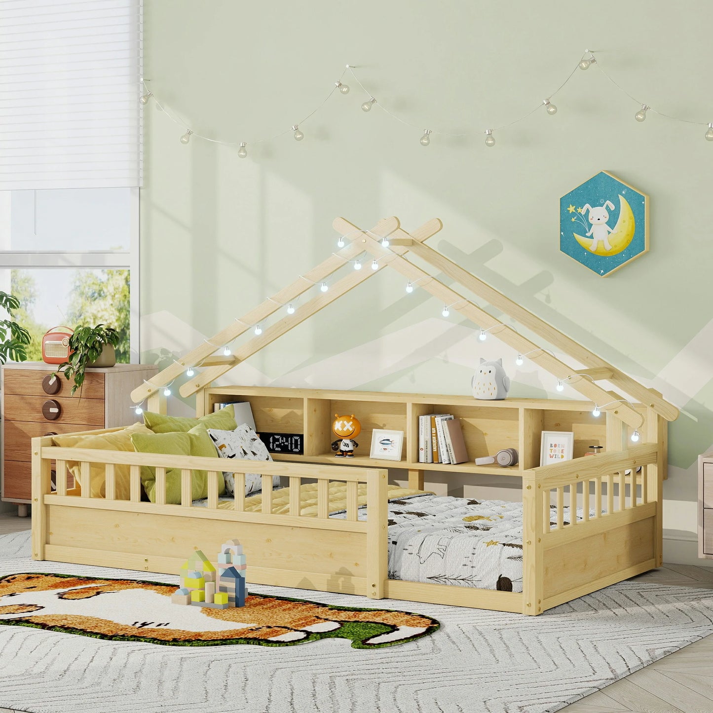 Floor Bed with LED Light and Roof Shape, House Montessori Bed with Storage Bookshelves and Full Length Guardrail,Wooden Floor Beds for Kids