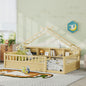 Floor Bed with LED Light and Roof Shape, House Montessori Bed with Storage Bookshelves and Full Length Guardrail,Wooden Floor Beds for Kids
