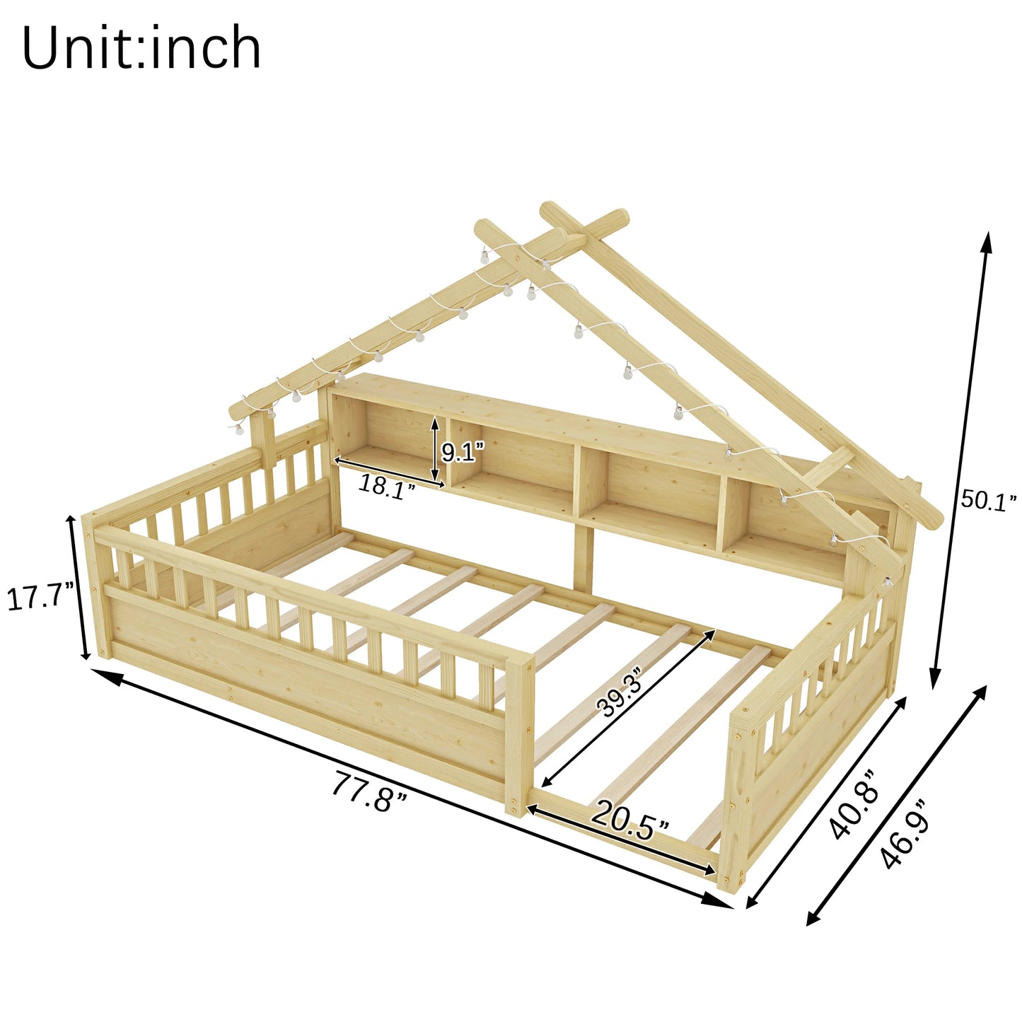 Floor Bed with LED Light and Roof Shape, House Montessori Bed with Storage Bookshelves and Full Length Guardrail,Wooden Floor Beds for Kids