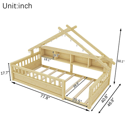 Floor Bed with LED Light and Roof Shape, House Montessori Bed with Storage Bookshelves and Full Length Guardrail,Wooden Floor Beds for Kids