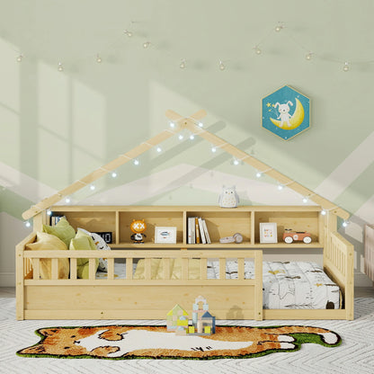 Floor Bed with LED Light and Roof Shape, House Montessori Bed with Storage Bookshelves and Full Length Guardrail,Wooden Floor Beds for Kids