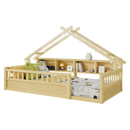 Floor Bed with LED Light and Roof Shape, House Montessori Bed with Storage Bookshelves and Full Length Guardrail,Wooden Floor Beds for Kids