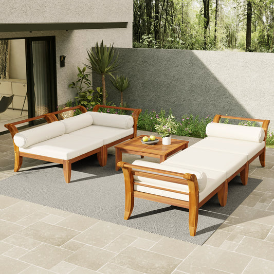 outdoorpatiosectionalsofasetinmodernbackyardwithacaciawoodframeandbeigecushions_perfectforgarden_deckandpoolside