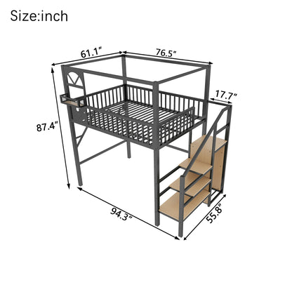 Mirightone™ Full Loft Bed with Storage Stairs and Light ,Metal Loft Bed with Canopy Frame and Window Design,High Loft Bed with Wardrobe for Kids Teens, Black(Expect Arrival Date 2026/6/23)(Patented products)