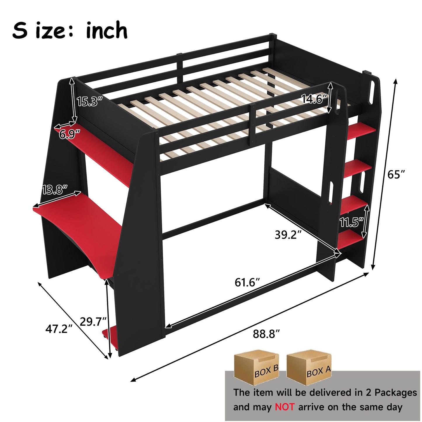 Mirightone™ Wood Bunk Bed with Gaming Desk and Storage Shelf, Gaming Bunk Bed with LED Light & Charging for Gamer Adults