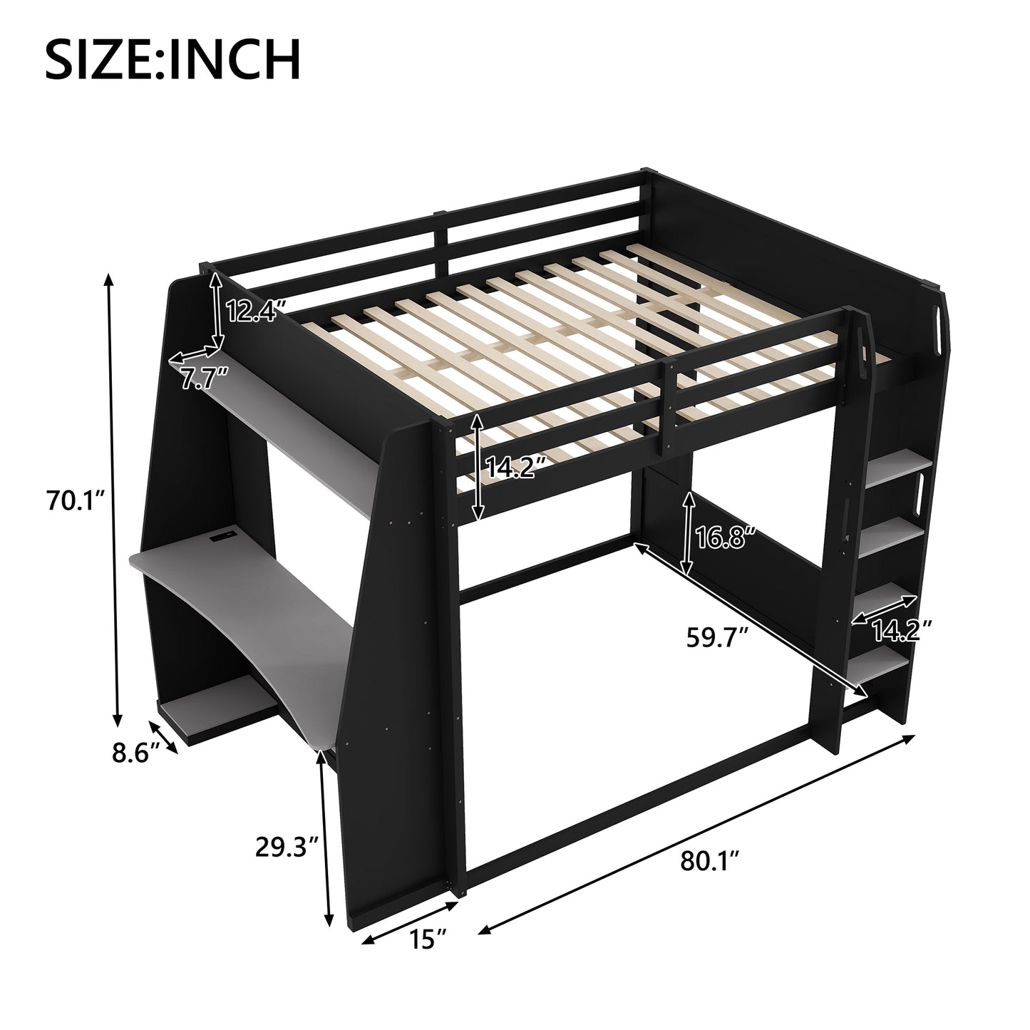 Mirightone™ Wood Bunk Bed with Gaming Desk and Storage Shelf, Gaming Bunk Bed with LED Light & Charging for Gamer Adults