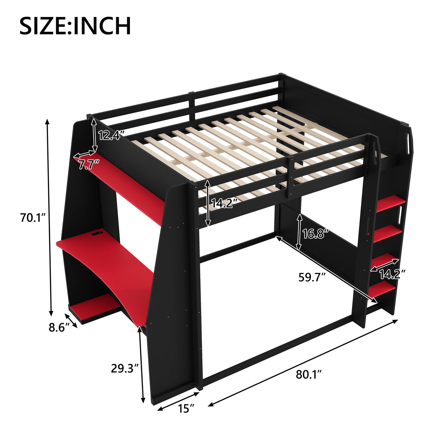 Mirightone™ Wood Bunk Bed with Gaming Desk and Storage Shelf, Gaming Bunk Bed with LED Light & Charging for Gamer Adults