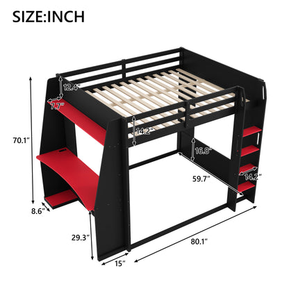 Mirightone™ Wood Bunk Bed with Gaming Desk and Storage Shelf, Gaming Bunk Bed with LED Light & Charging for Gamer Adults