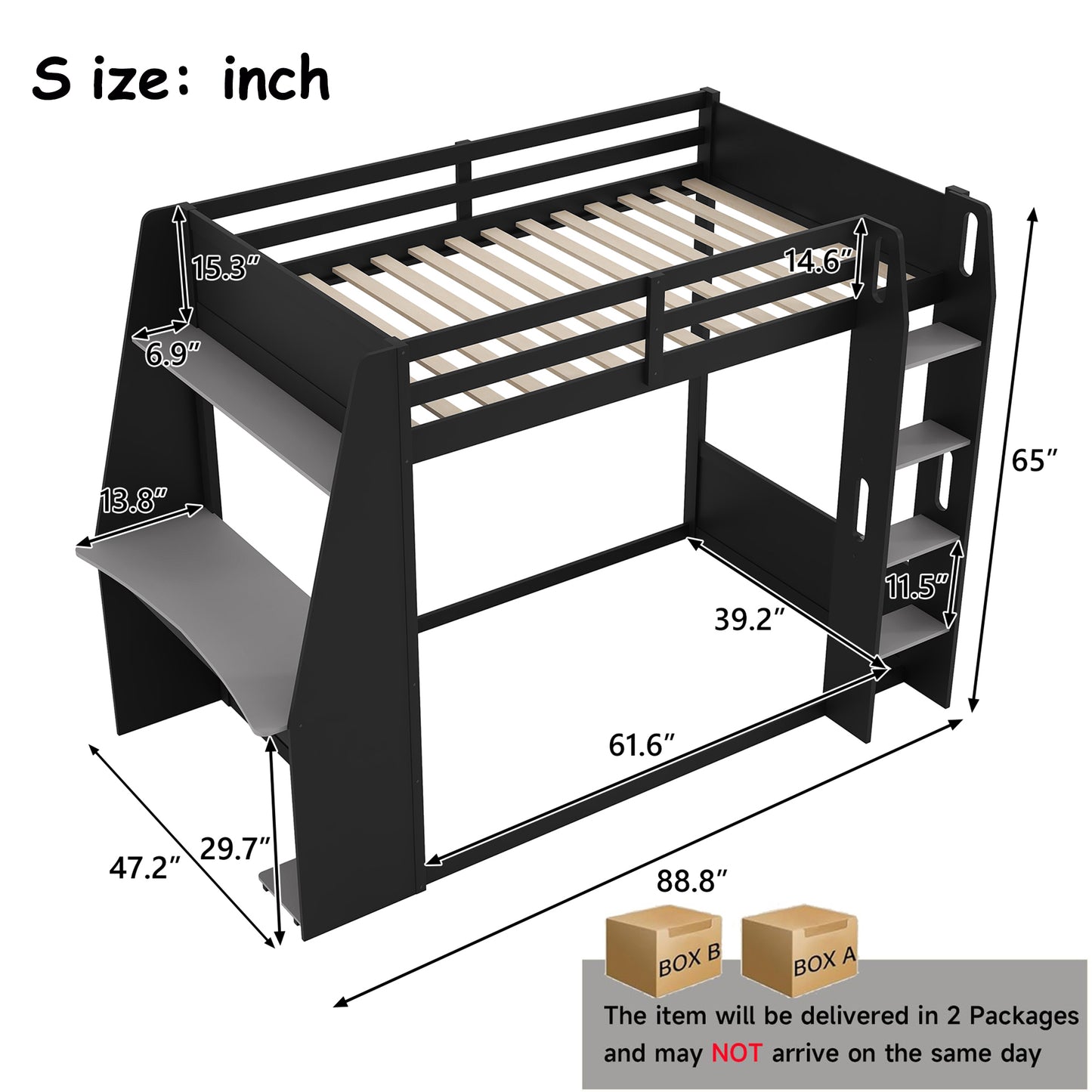Mirightone™ Wood Bunk Bed with Gaming Desk and Storage Shelf, Gaming Bunk Bed with LED Light & Charging for Gamer Adults