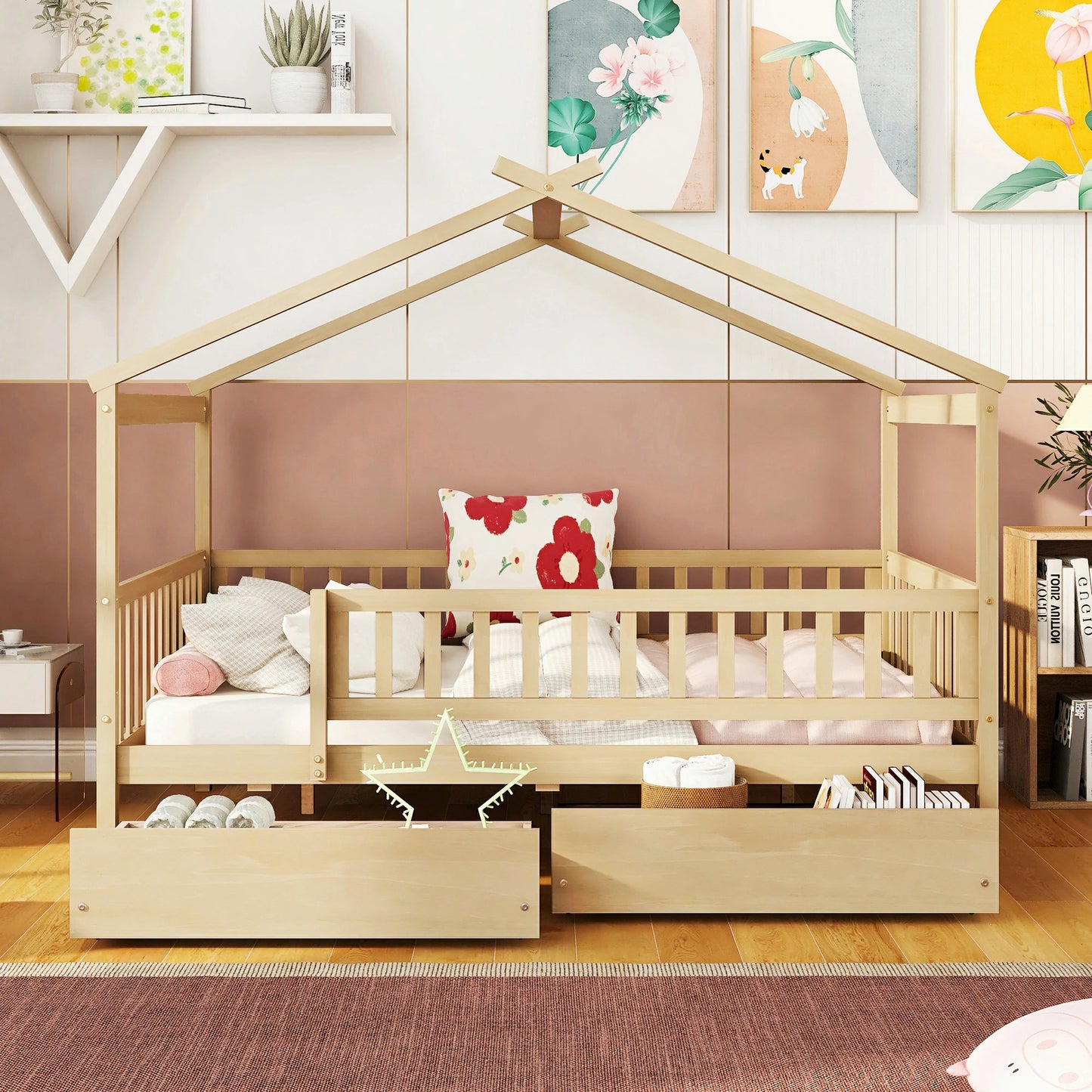 solid-pine-wood-house-bed-with-two-drawers-side-view