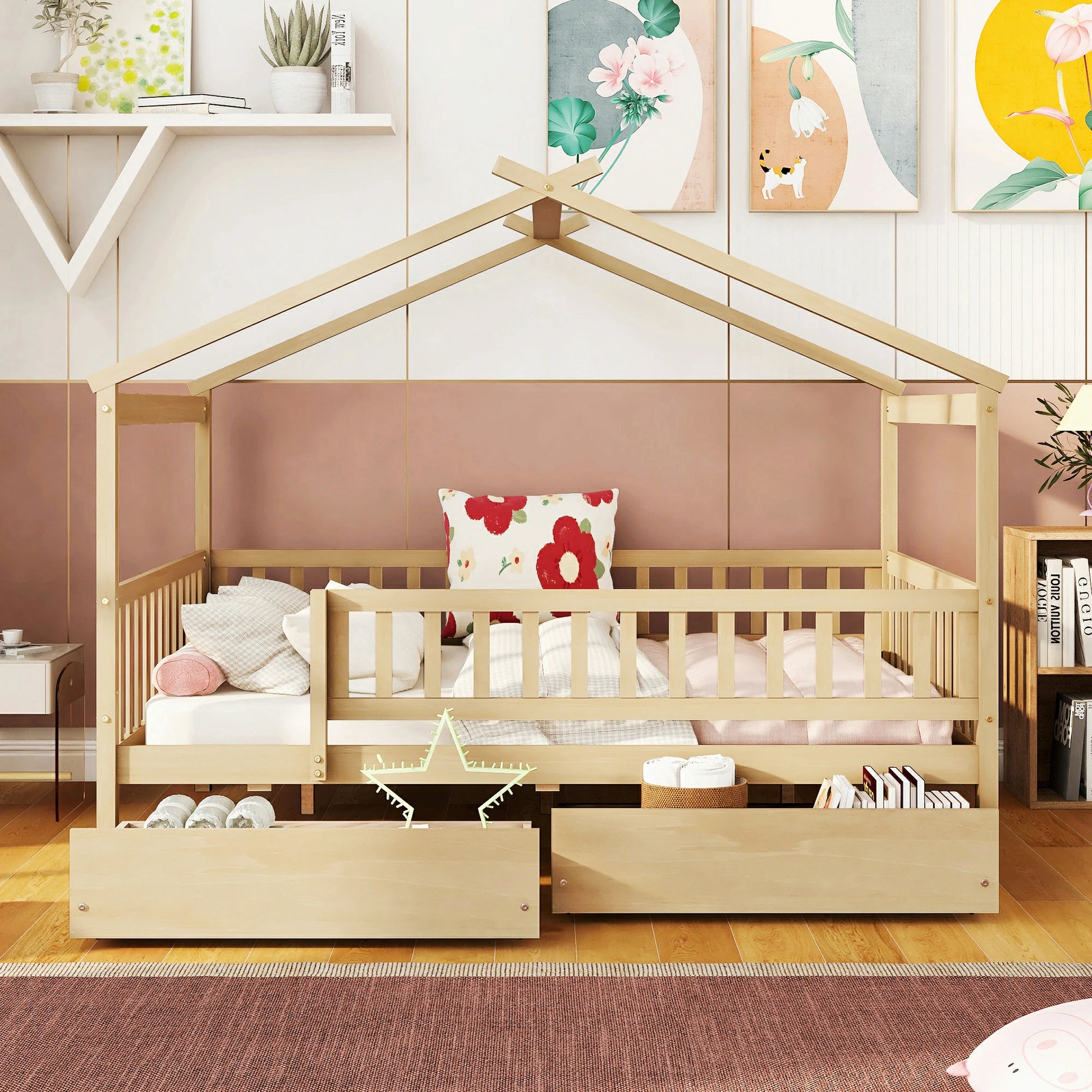 solid-pine-wood-house-bed-with-two-drawers-side-view