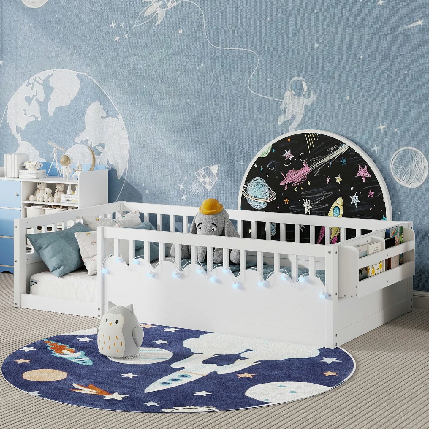 solid-wood-twin-floor-bed-montessori-style-with-bookshelf-and-lights
