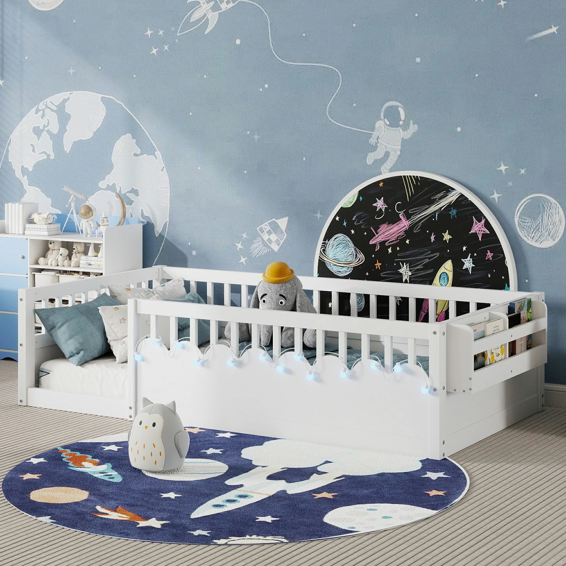 solid-wood-twin-floor-bed-montessori-style-with-bookshelf-and-lights