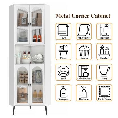 tallmetalcornercabinetwithglassdoorsadjustableshelvesmulti-purposestorage