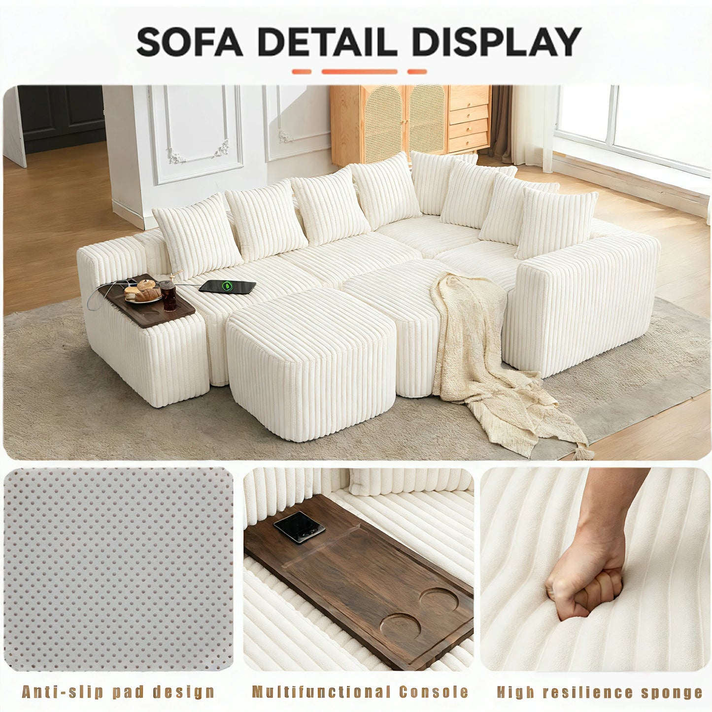 Mirightone™ 137.5" U Shaped Sofa Couch with USB, Wireless Charge & Coffee Table