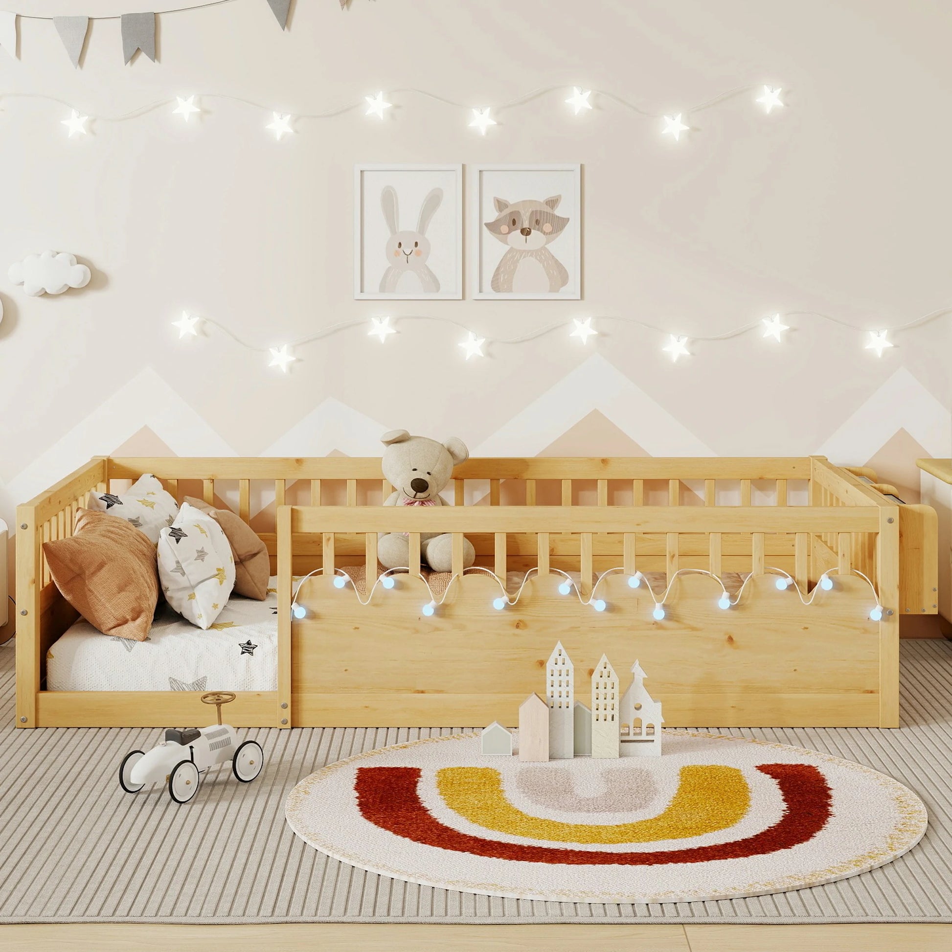 twin-montessori-floor-bed-natural-wood-in-cozy-kids-bedroom.