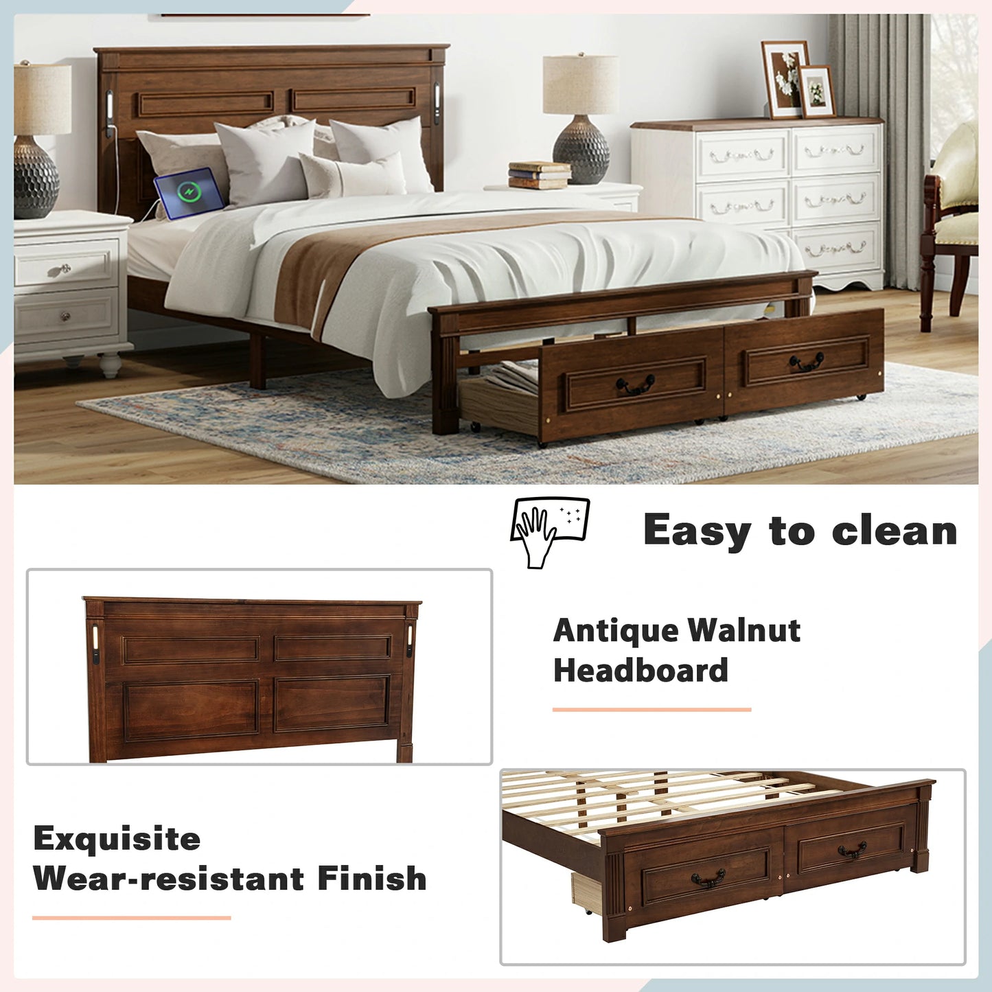 Mirightone ™ Queen Size Bed Frame with 2 Storage Drawers, Strengthened Frame.