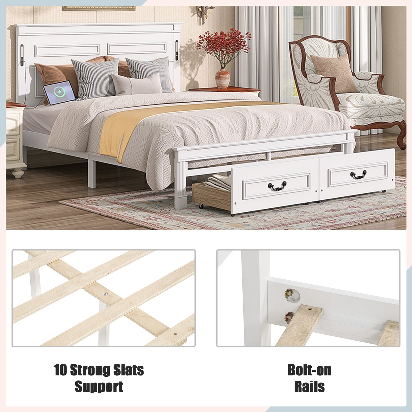 Mirightone ™ Queen Size Bed Frame with 2 Storage Drawers, Strengthened Frame.