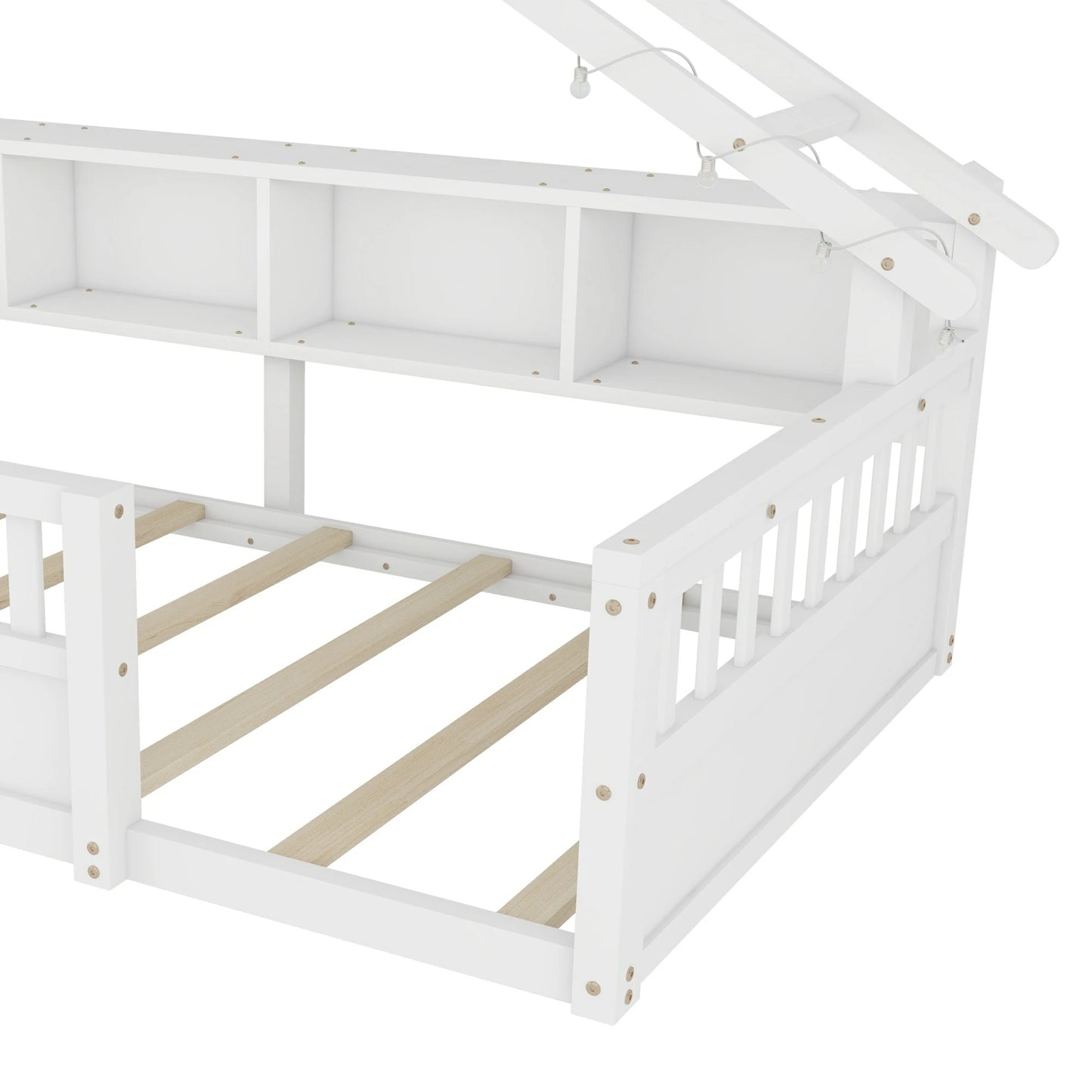 Floor Bed with LED Light and Roof Shape, House Montessori Bed with Storage Bookshelves and Full Length Guardrail,Wooden Floor Beds for Kids